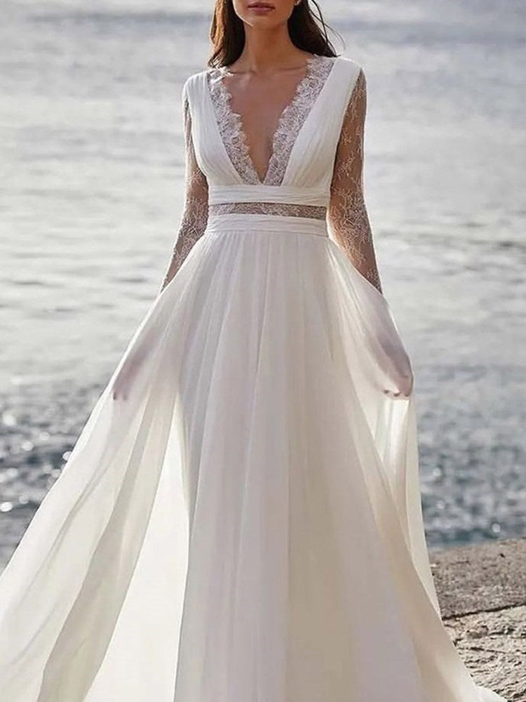 Long Sleeves Lace Floor-Length V-Neck Church Wedding Dress