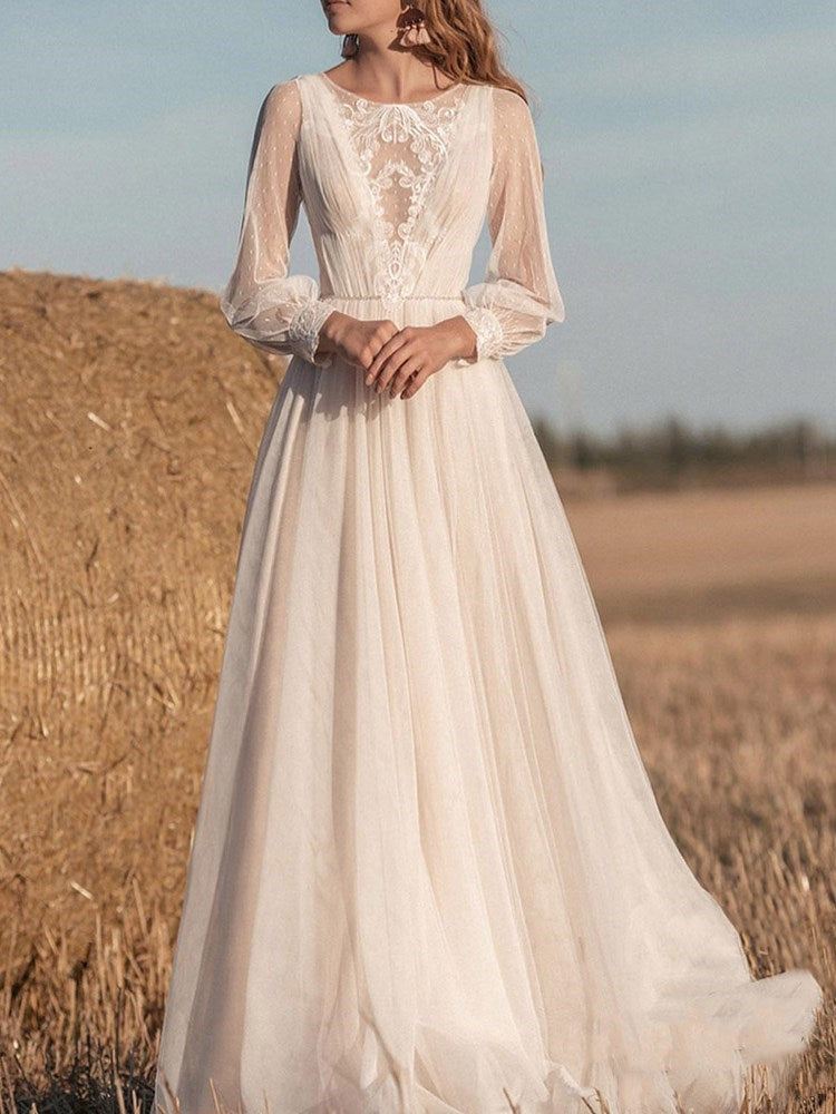 Long Sleeves Floor-Length Scoop A-Line Church Wedding Dress