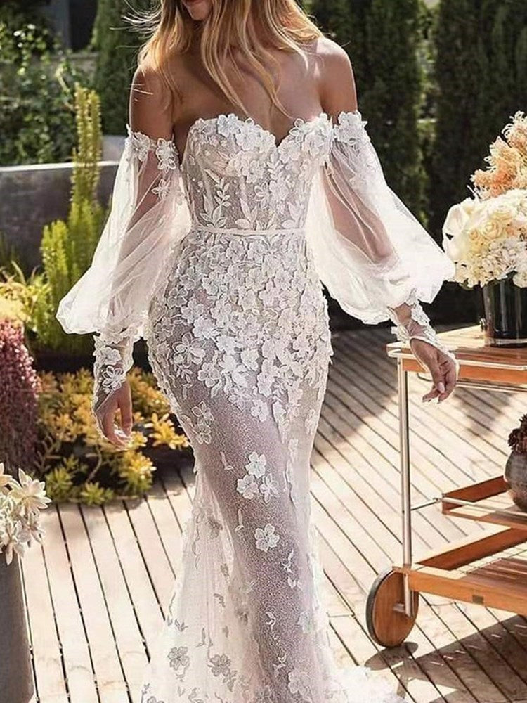 Lace Trumpet/Mermaid Off-The-Shoulder Long Sleeves Church Wedding Dress