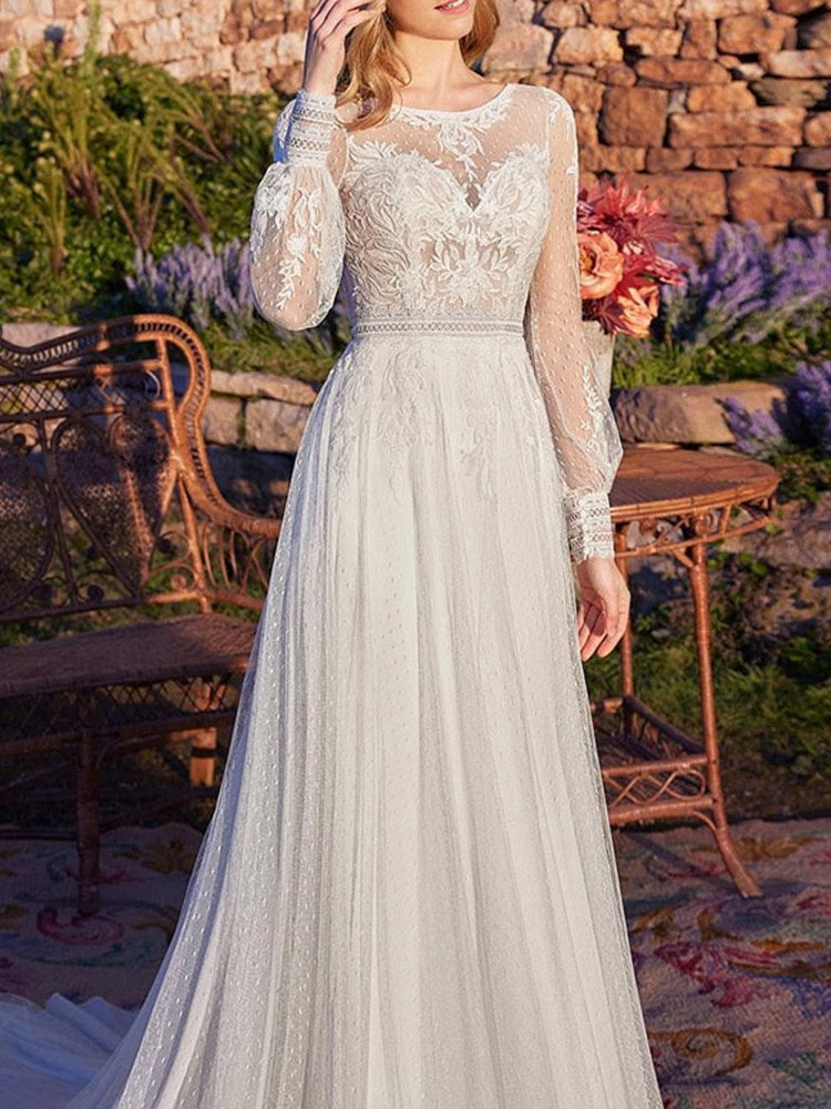 Floor-Length Draped Long Sleeves Scoop Garden/Outdoor Wedding Dress