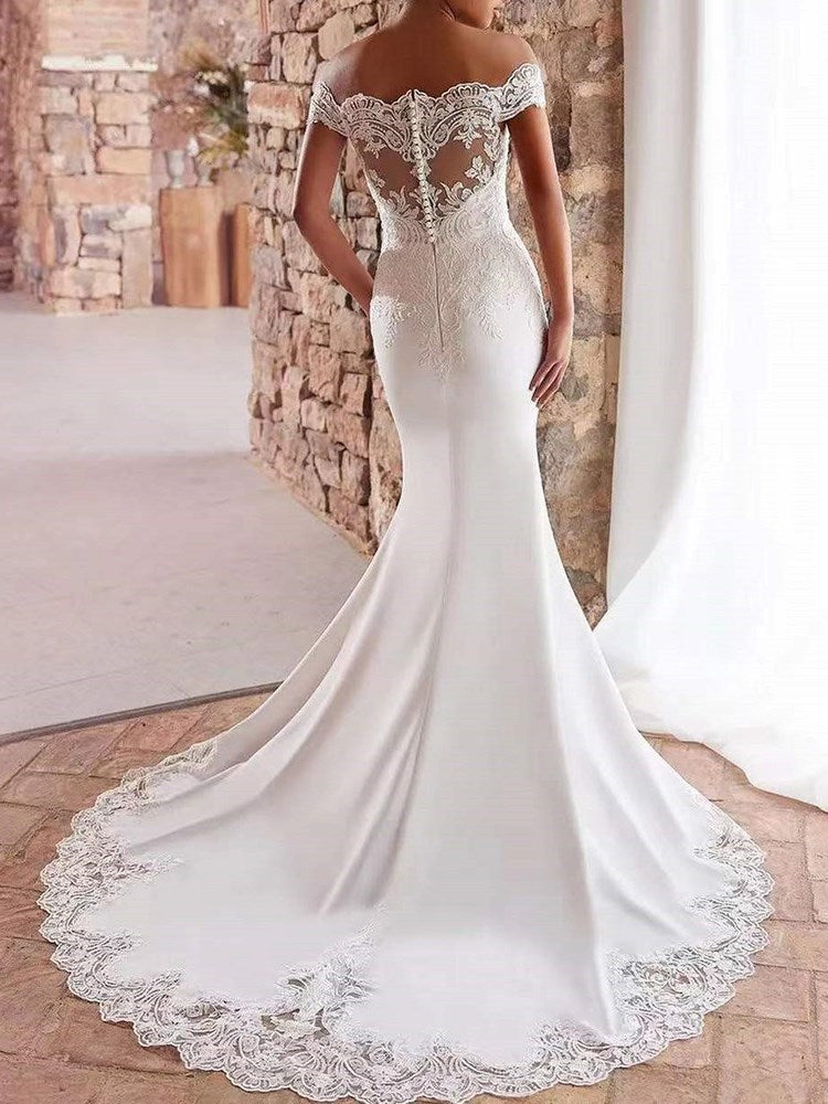 Off-The-Shoulder Short Sleeves Lace Floor-Length Hall Wedding Dress