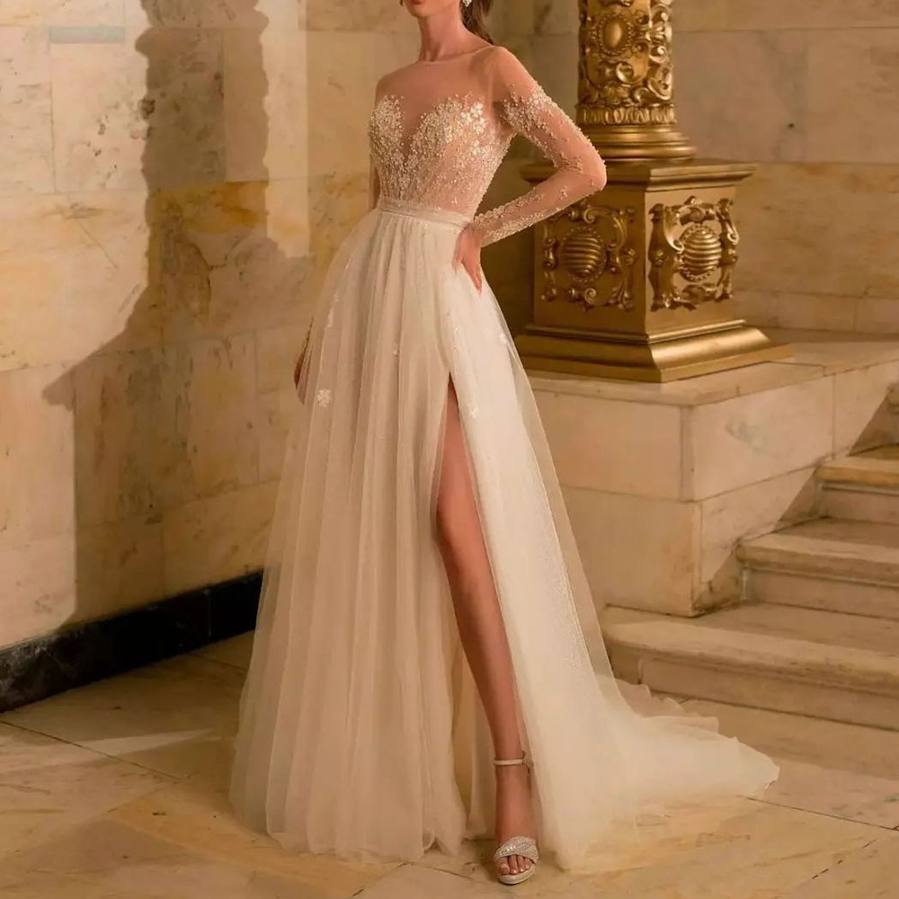 Pearl Scoop Long Sleeves A-Line Church Wedding Dress 2023