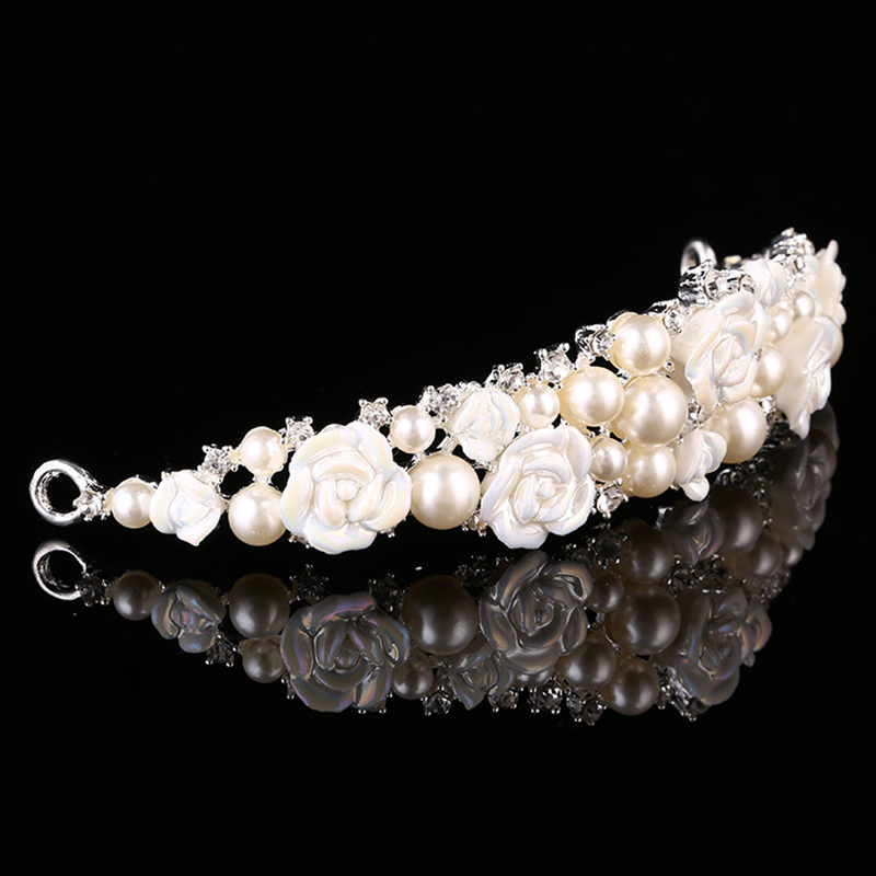 White Ceramic Flower & Pearls Wedding Tiara Pearl Wedding Jewellery