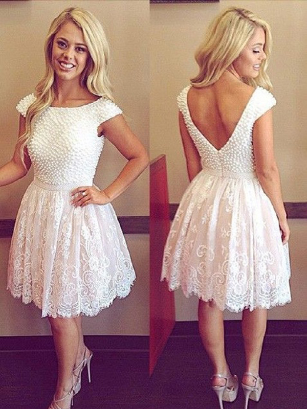Cap Sleeve Pearls Lace Cocktail Homecoming Dress