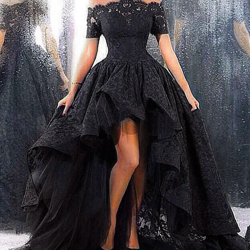 Off-the-Shoulder Short Sleeves Black Lace Prom Dress