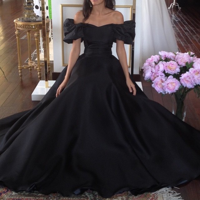 Vintage Off-the-Shoulder Ruffles Black Prom Dress Black Wedding Dress