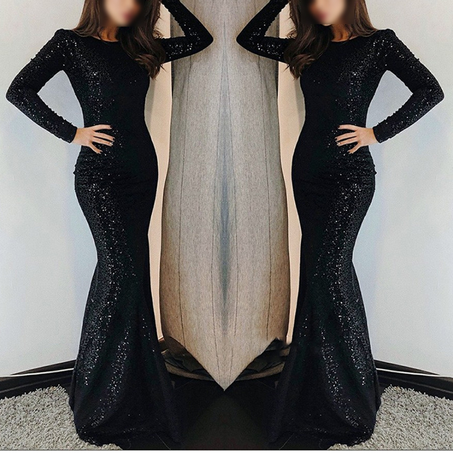 Long Sleeves Mermaid Black Sequins Zipper-Up Evening Dress