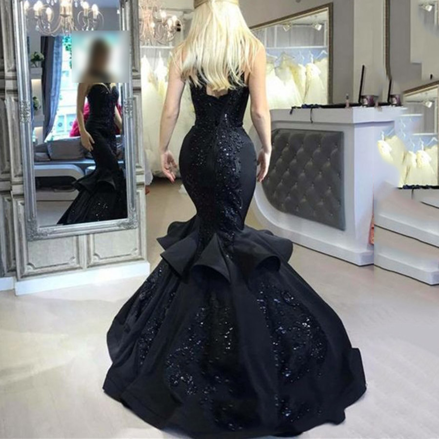 Sequins Appliques Black Mermaid Evening Dress Black Wedding Dress