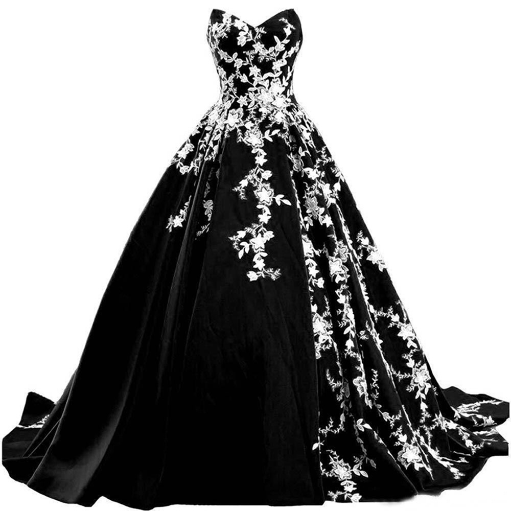 Sleeveless Floor-Length Ball Gown V-Neck Embroidery Evening Black Wedding Dress 2021
