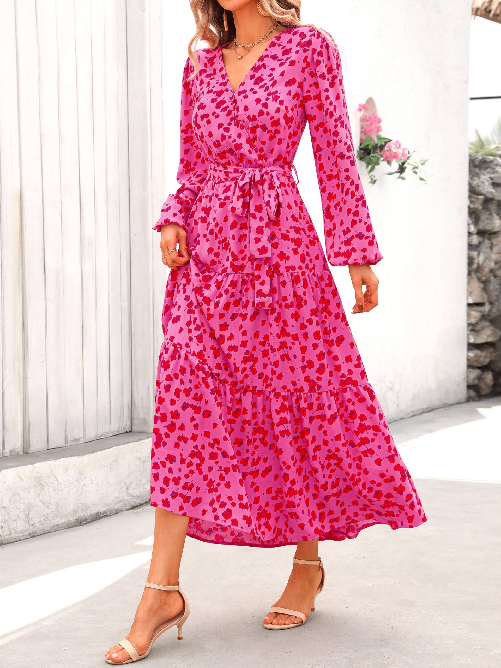 Womens Long Sleeve V Neck Floral Maxi Dress Boho