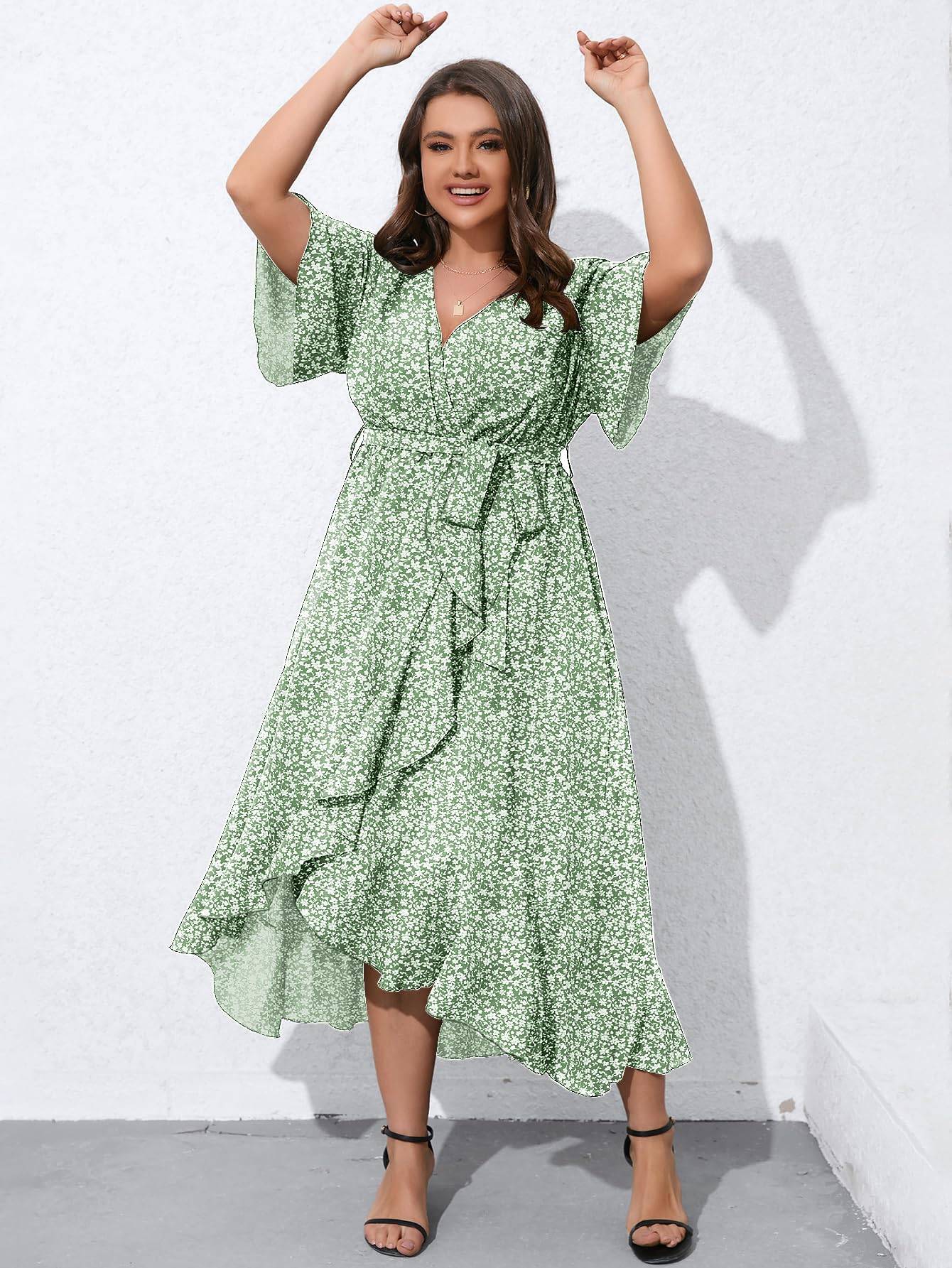 Women Plus Size Short Sleeve Wrap V Neck Dress