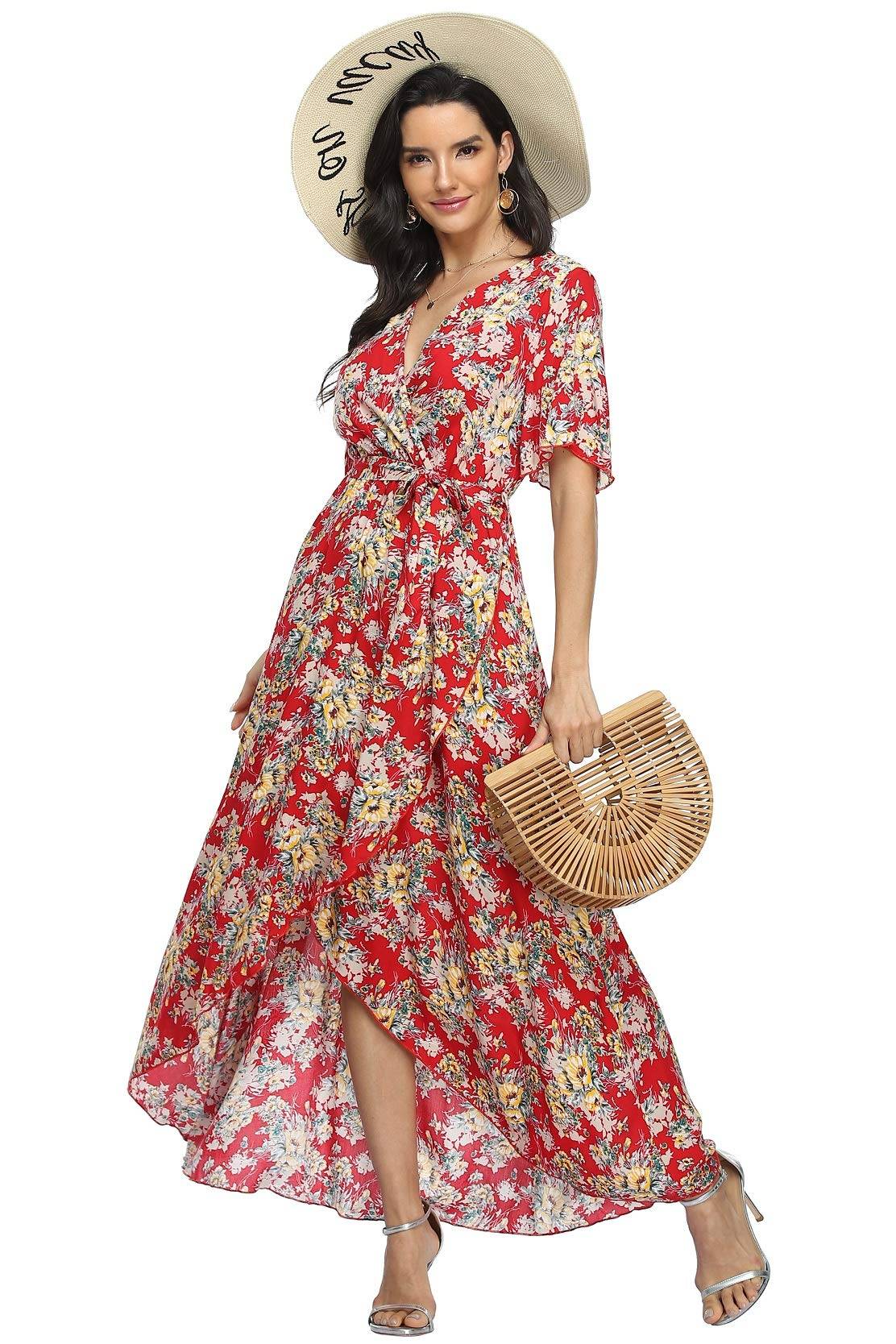 Women's Wrap V Neck Floral Summer Dresses Maxi