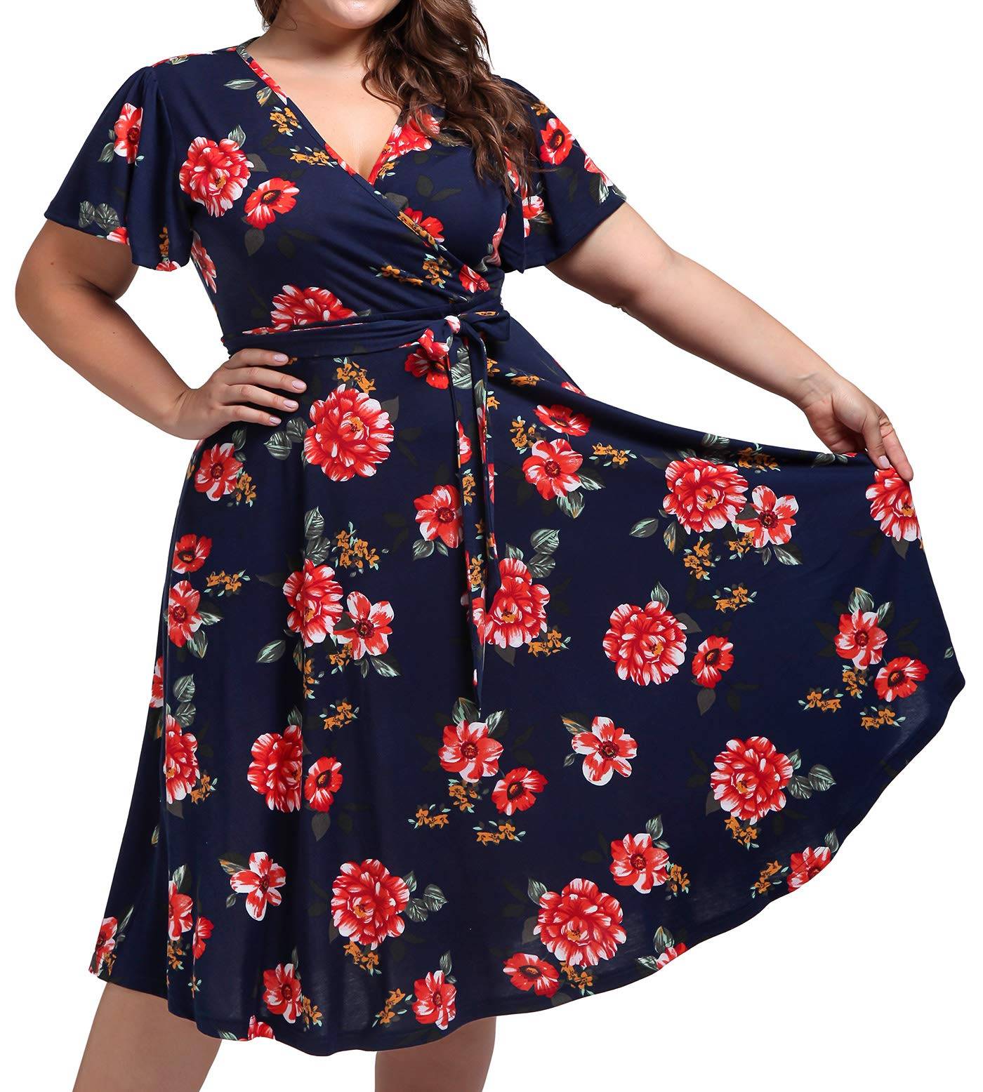 Plus Size Womens V Neck Floral Party Midi Dresses