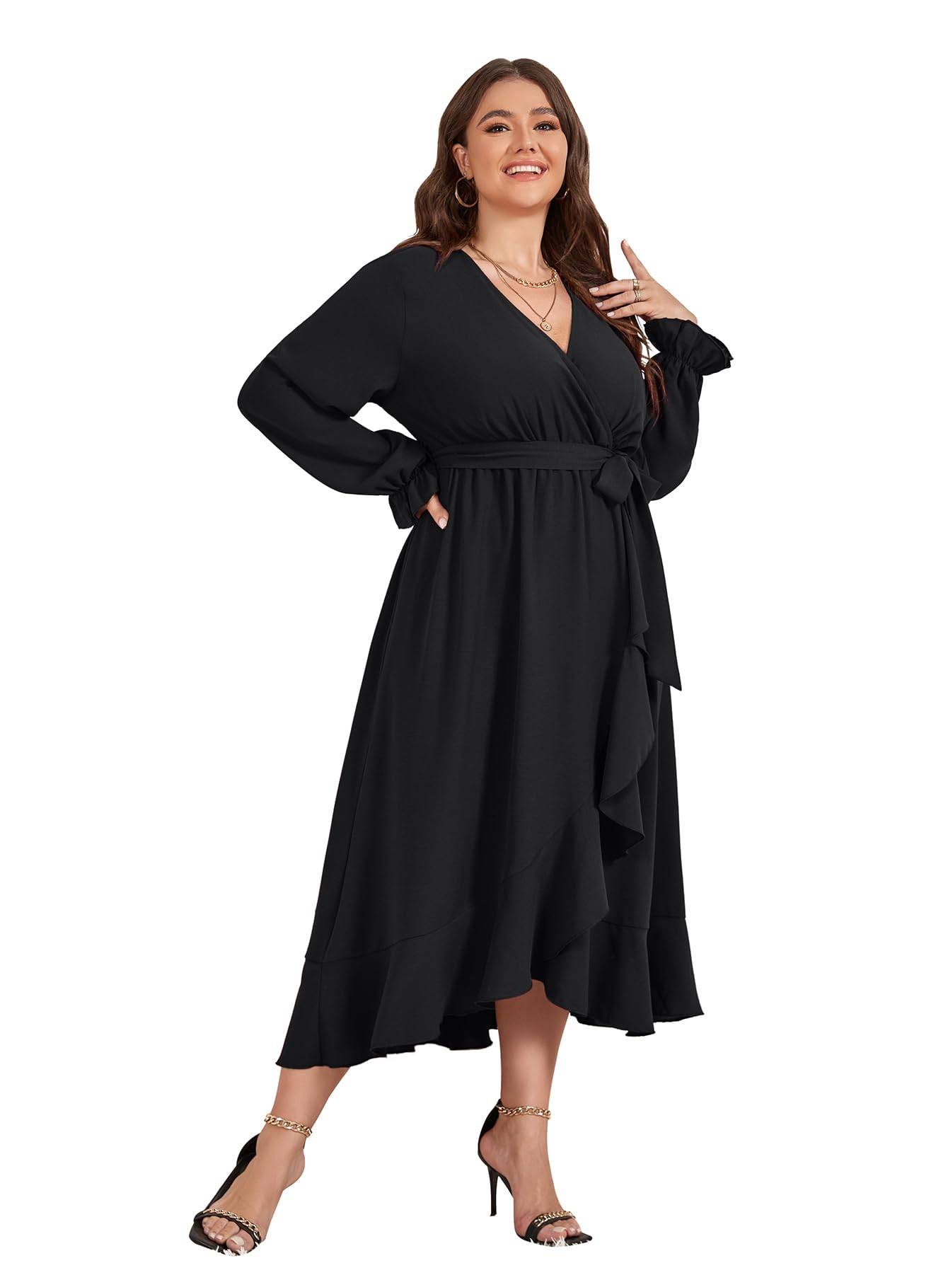 Women Plus Size Maxi Dress Wrap V Neck Dress