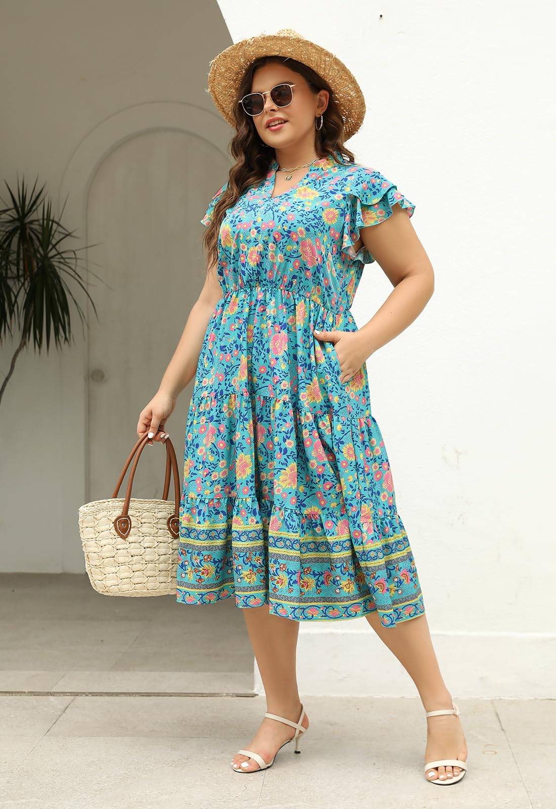 Plus Size Midi DressesWomen Boho Floral Dress