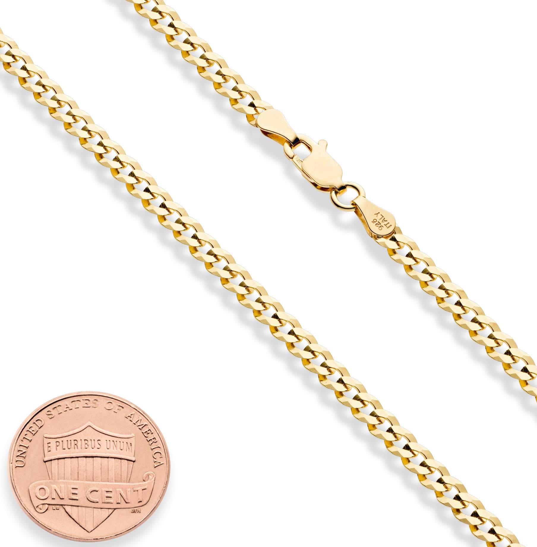 Solid 18k Gold Over 925 Sterling Silver 3.5mm Diamond Cut Cuban Link Curb Chain Necklace for Women Men