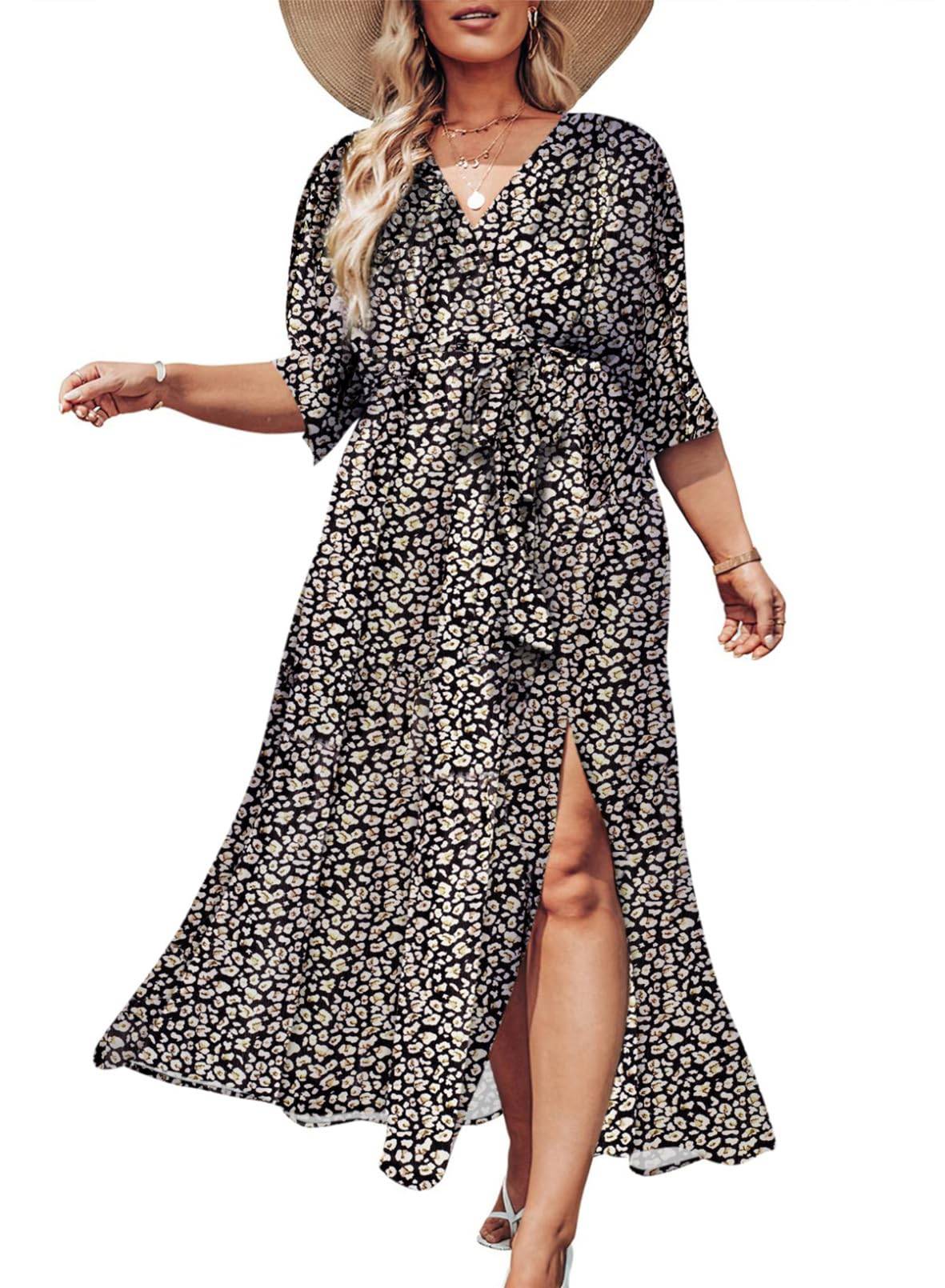 Womens Plus Size V Neck Boho Dress Maxi Dresses