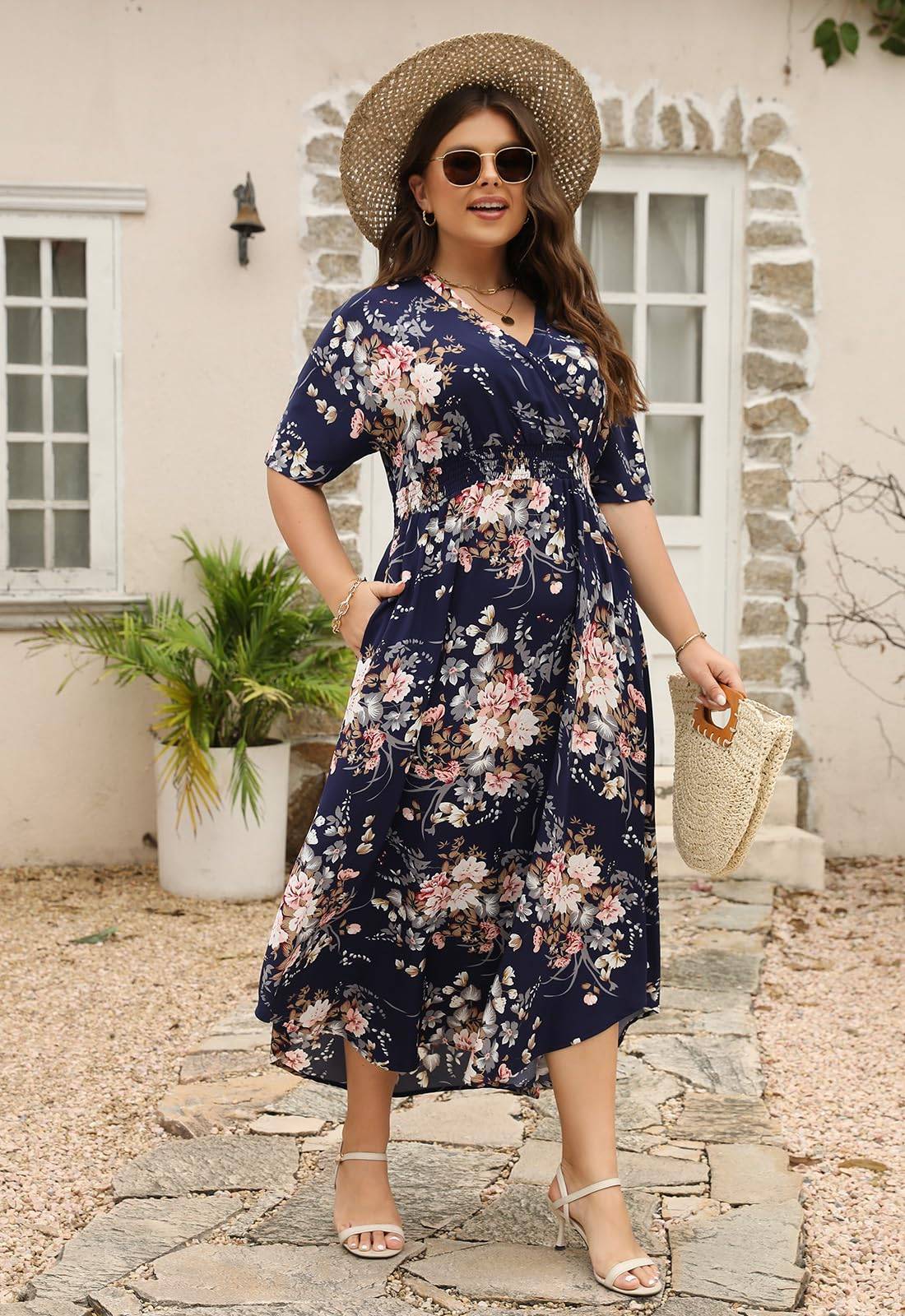 Womens Plus Size Boho Print Maxi Dress with Pocket