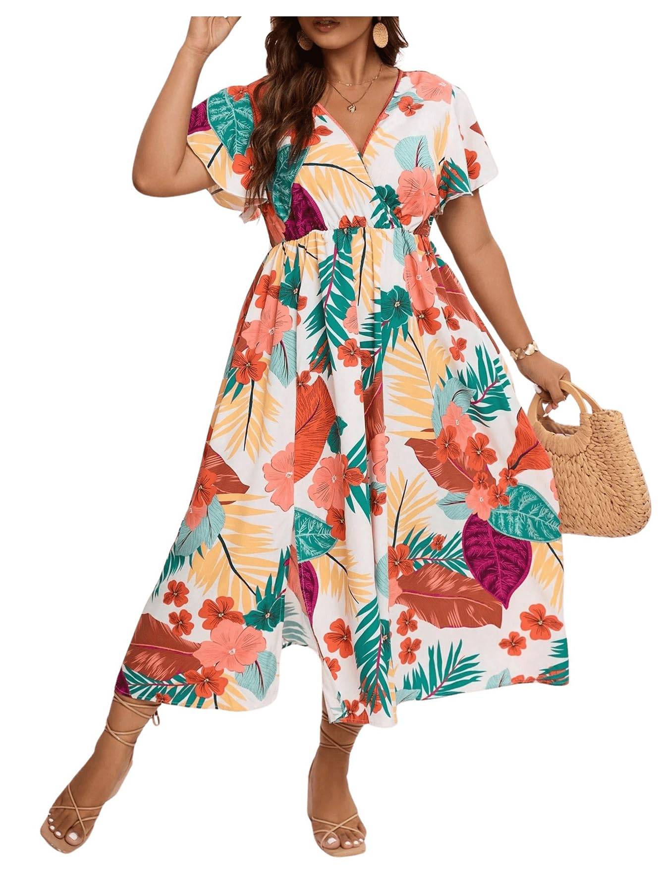 Women's Plus Size Boho Floral V Neck A Line Dress