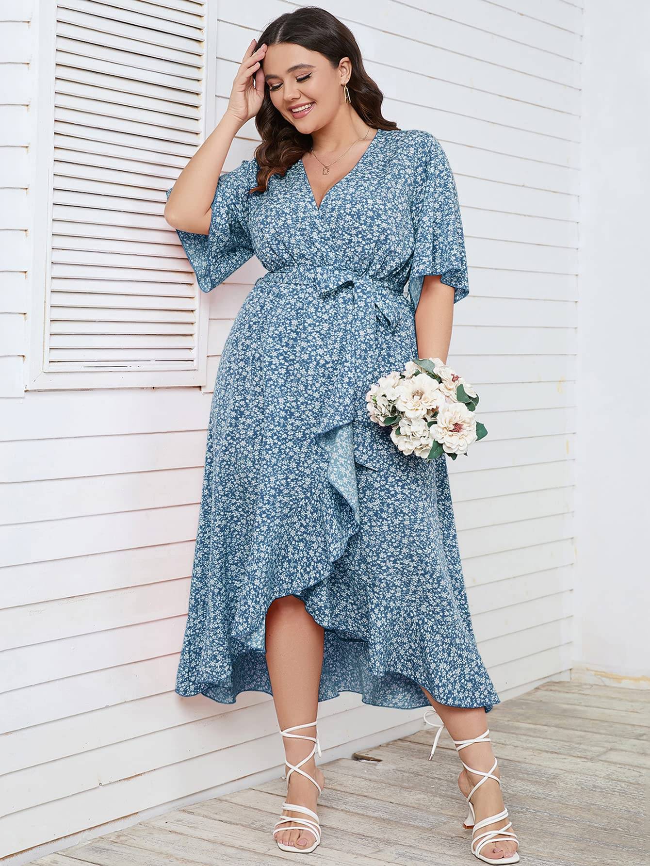 Women Plus Size Short Sleeve Wrap V Neck Dress