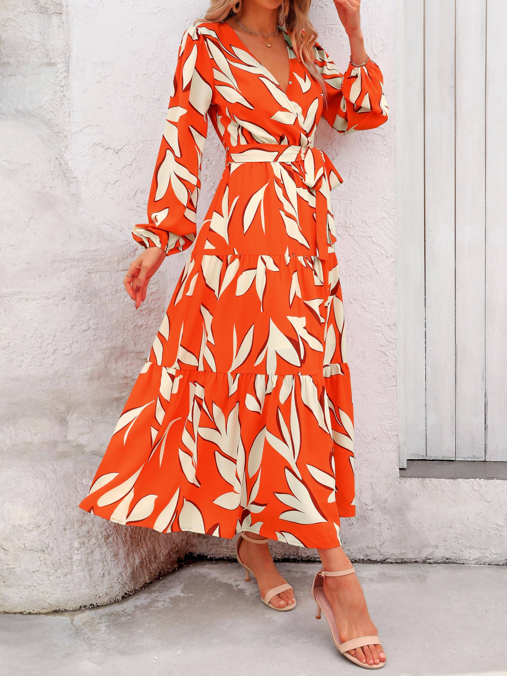 Womens Long Sleeve V Neck Floral Maxi Dress Boho