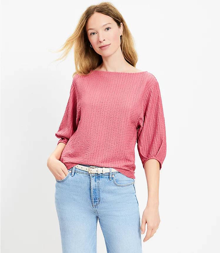 Pleated Elbow Sleeve Top Blouse