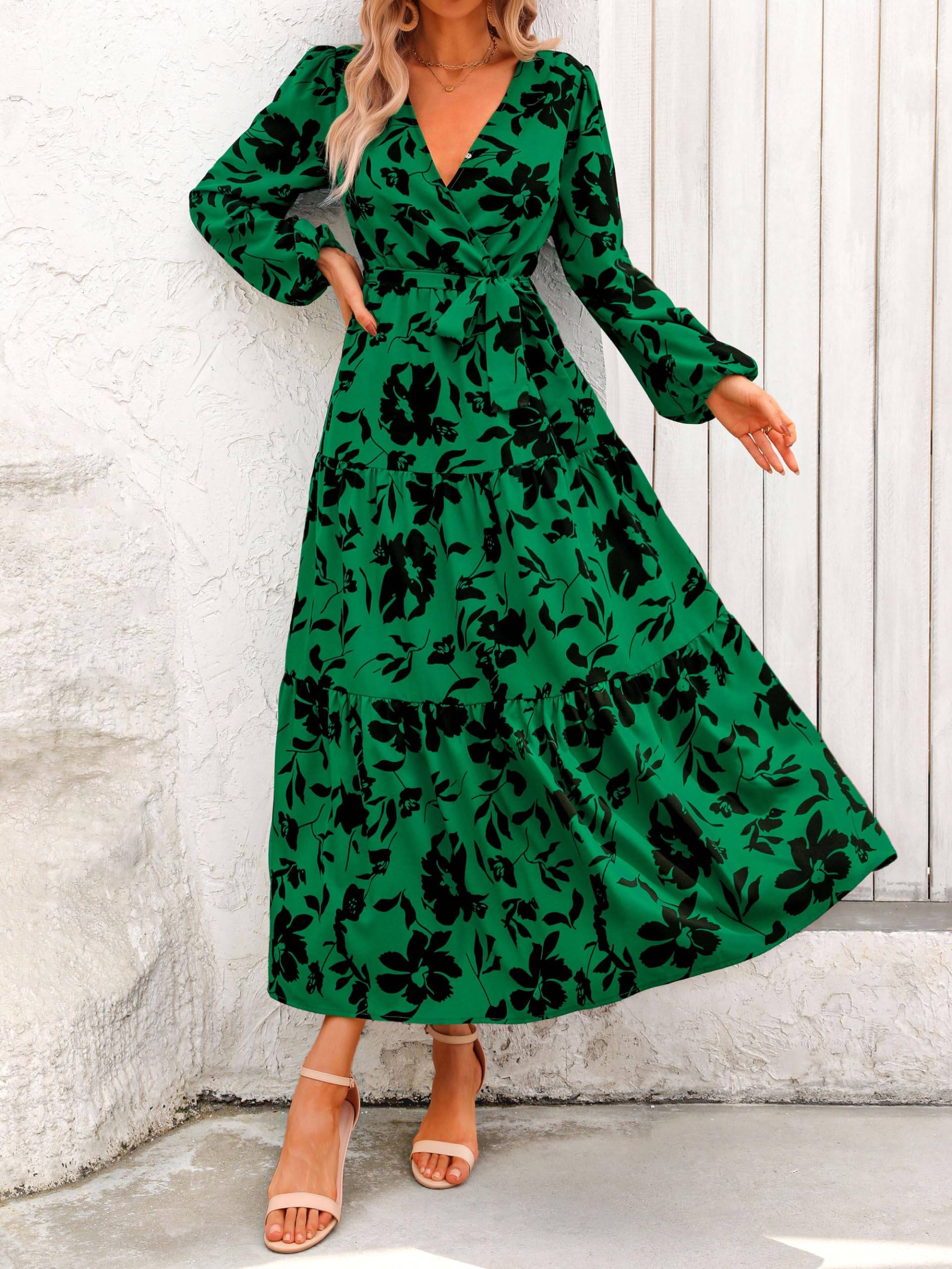 Womens Long Sleeve V Neck Floral Maxi Dress Boho