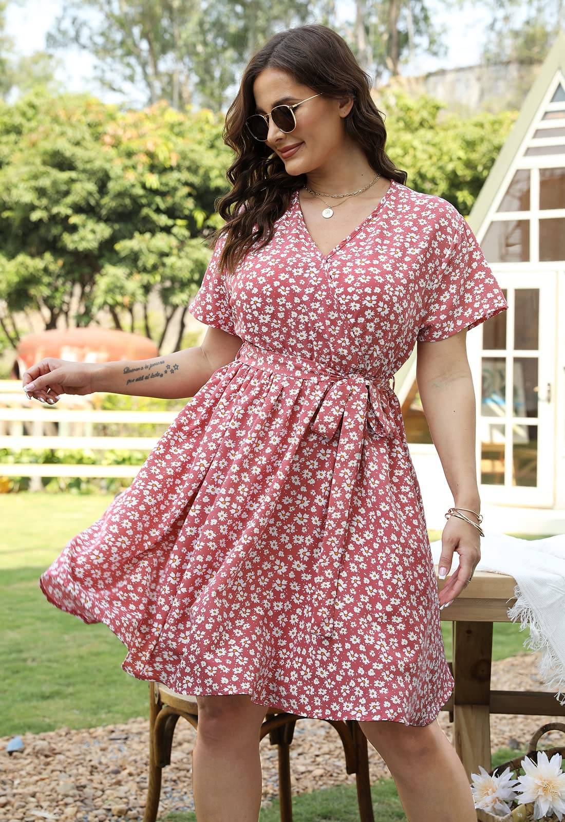 Womens Plus Size Boho Wrap Dress Floral Print