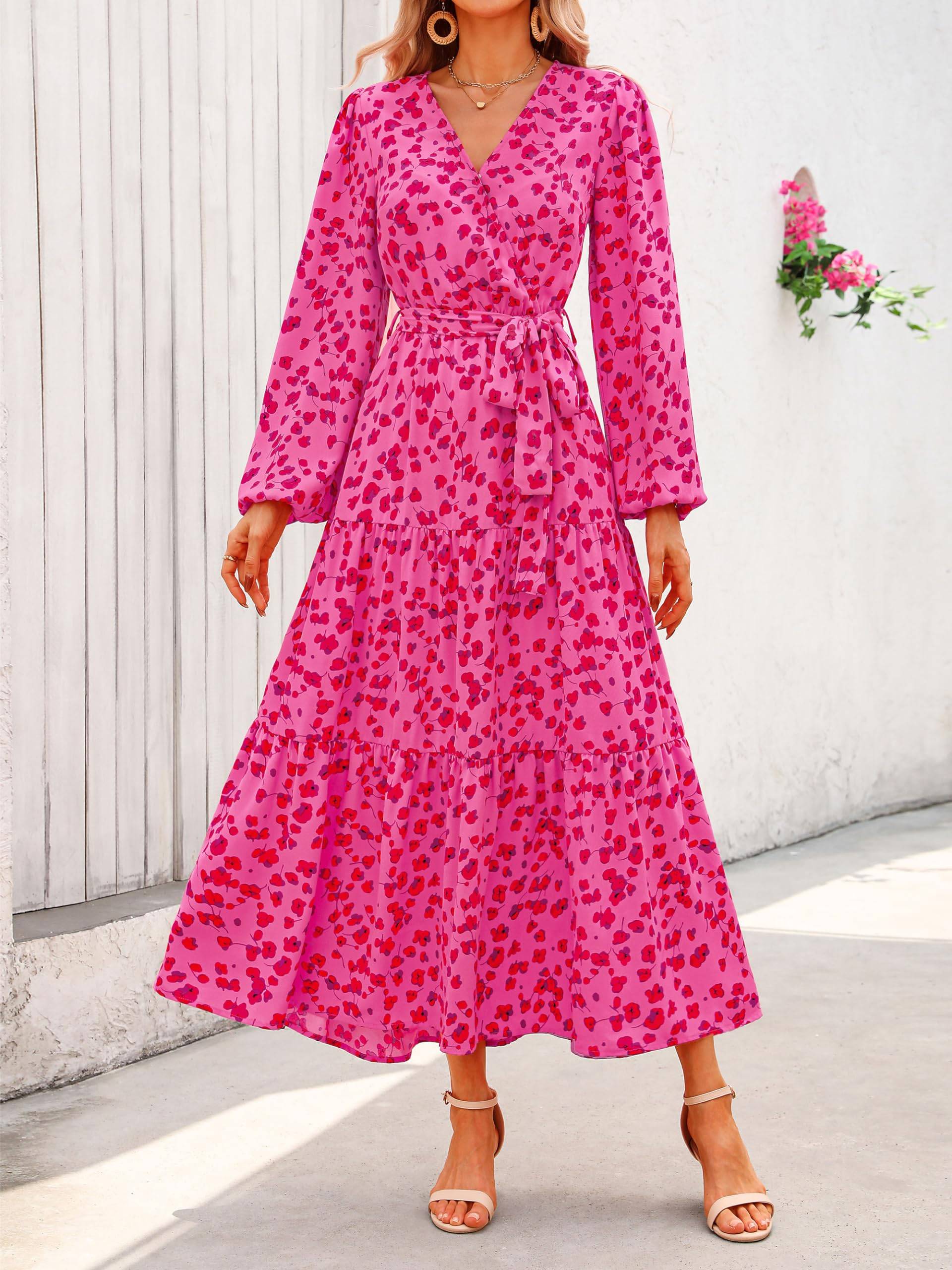 Womens Long Sleeve V Neck Floral Maxi Dress Boho