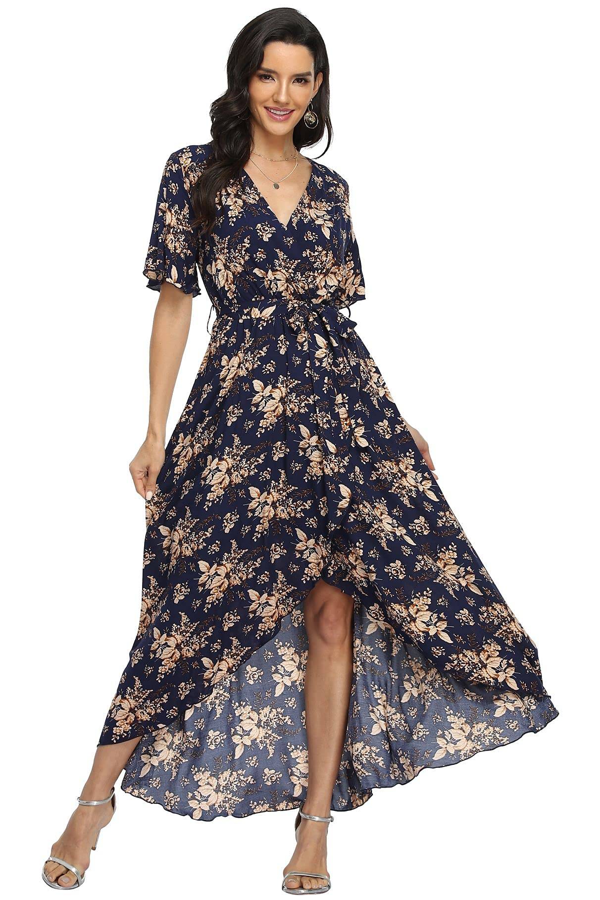 Women's Wrap V Neck Floral Summer Dresses Maxi