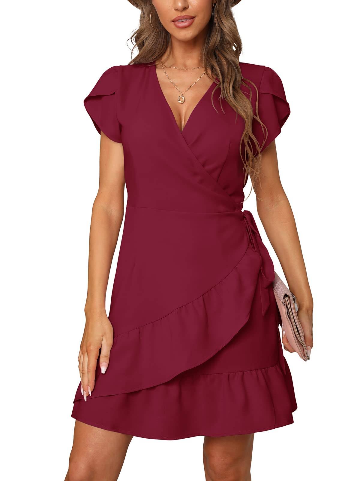 Summer V Neck Wrap Short Dress with Belt for Women