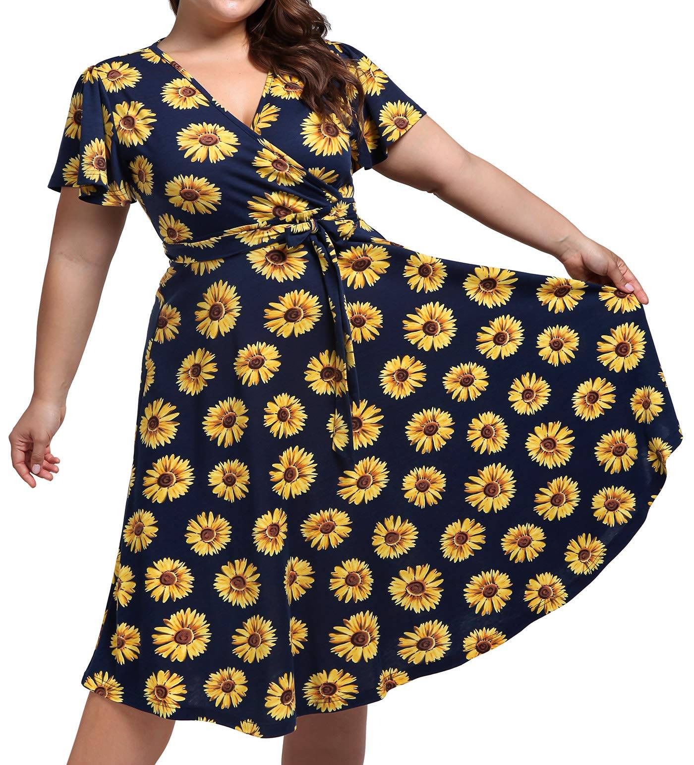 Plus Size Womens V Neck Floral Party Midi Dresses