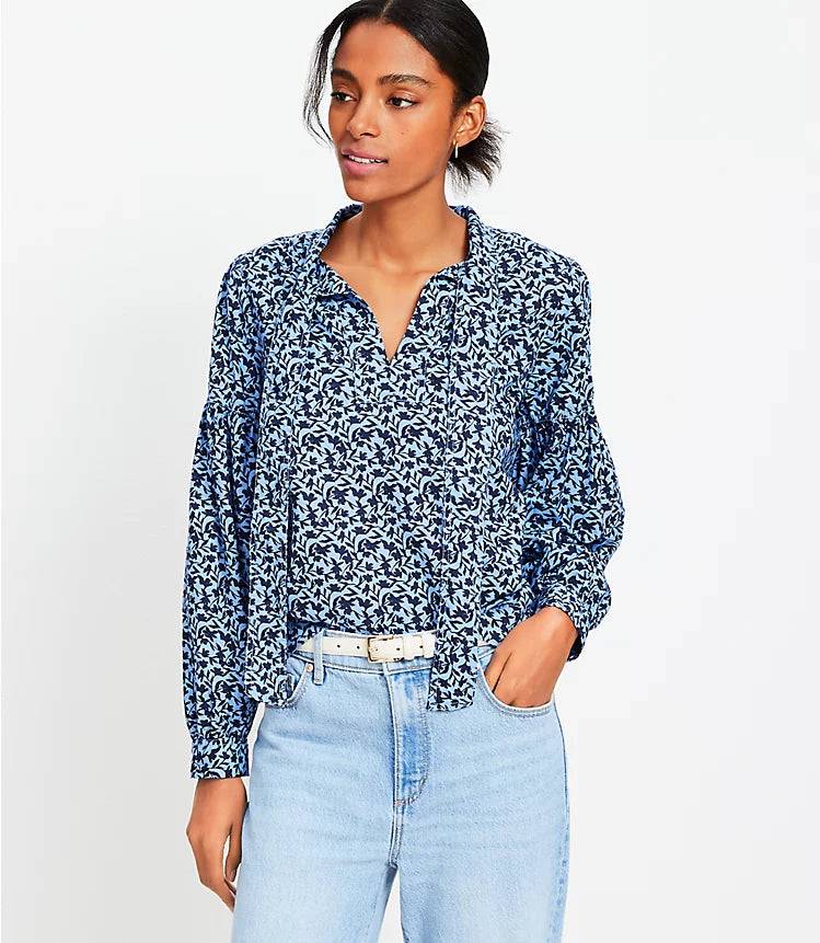 Floral Tie Neck Printed Blouson Sleeve Blouse