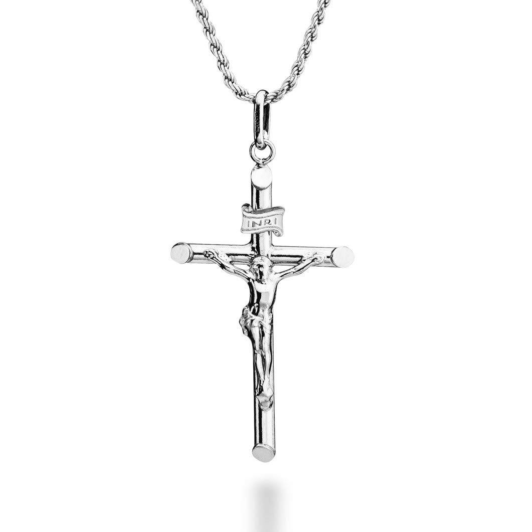 Plated 925 Sterling Silver Small or Large Crucifix Necklace for Men Women, Cross Pendant with Rope Chain