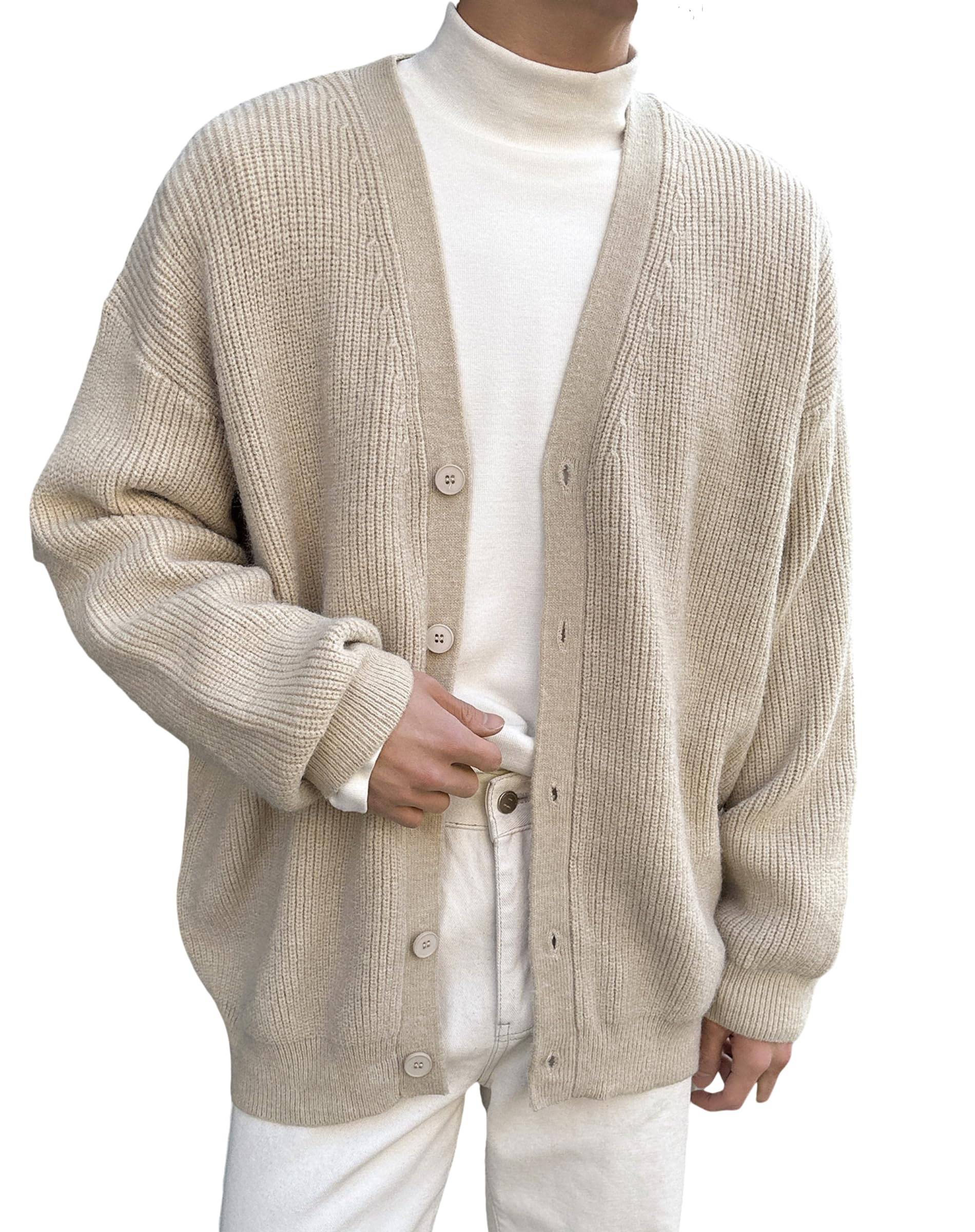 Men's Casual Long Sleeve Button Front V Neck Rib Knit Cardigan Sweater