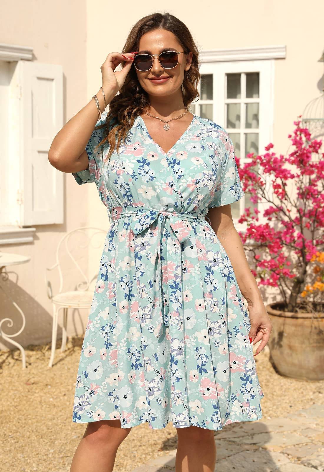 Womens Plus Size Boho Wrap Dress Floral Print