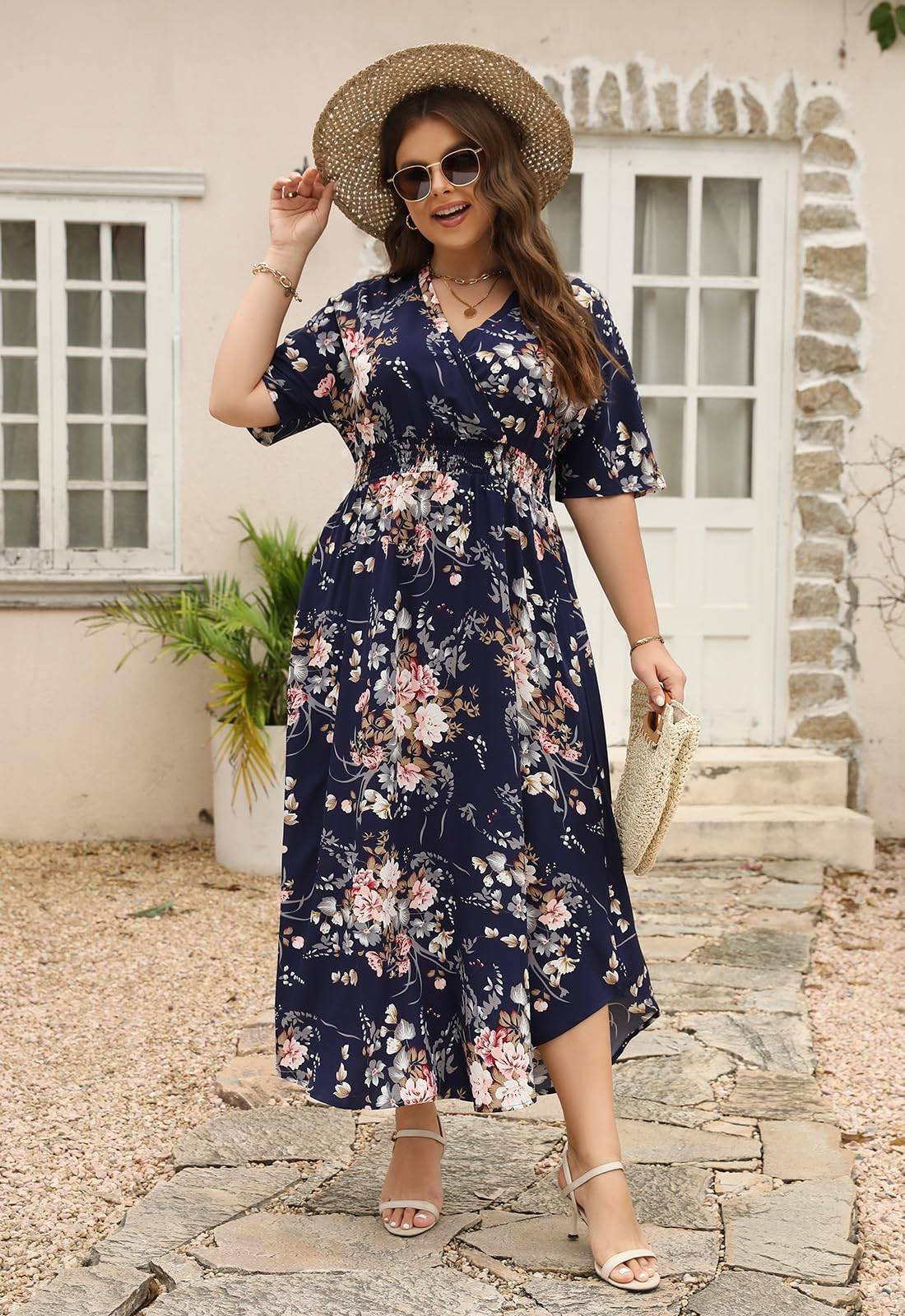 Womens Plus Size Boho Print Maxi Dress with Pocket