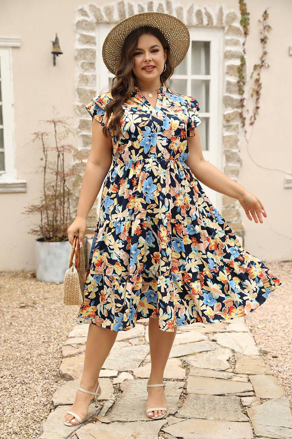 Plus Size Midi DressesWomen Boho Floral Dress