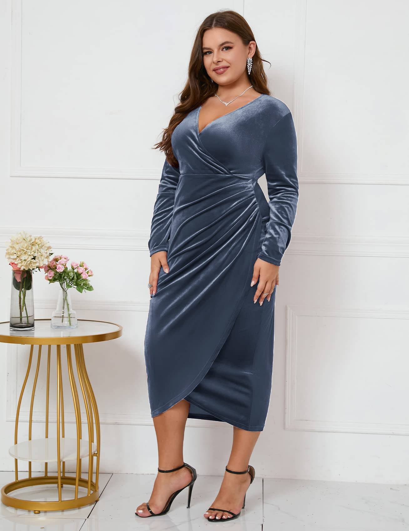 Plus Size Wrap Long Sleeves Ruffle Party Dress