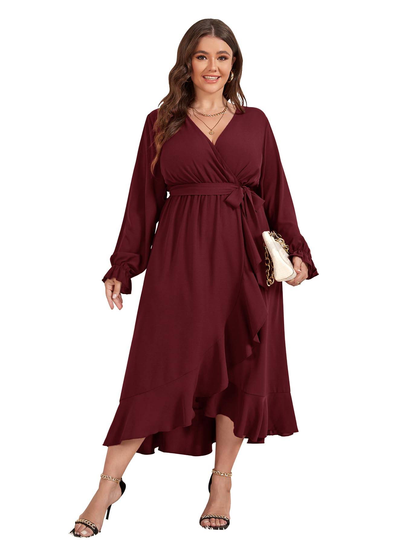 Women Plus Size Maxi Dress Wrap V Neck Dress