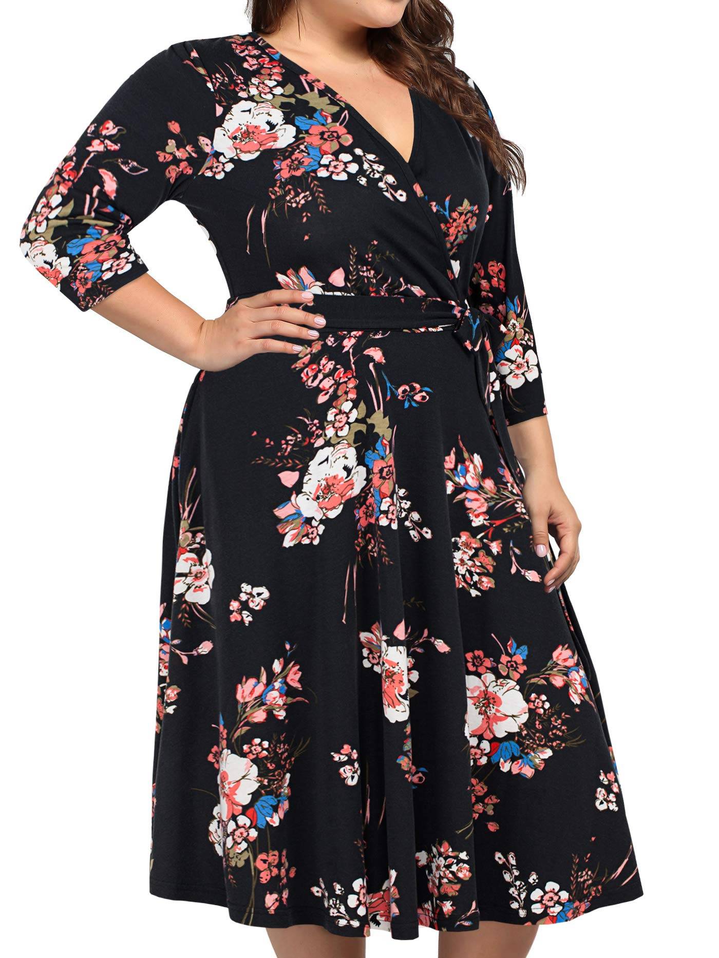 Plus Size Womens V Neck Floral Party Midi Dresses