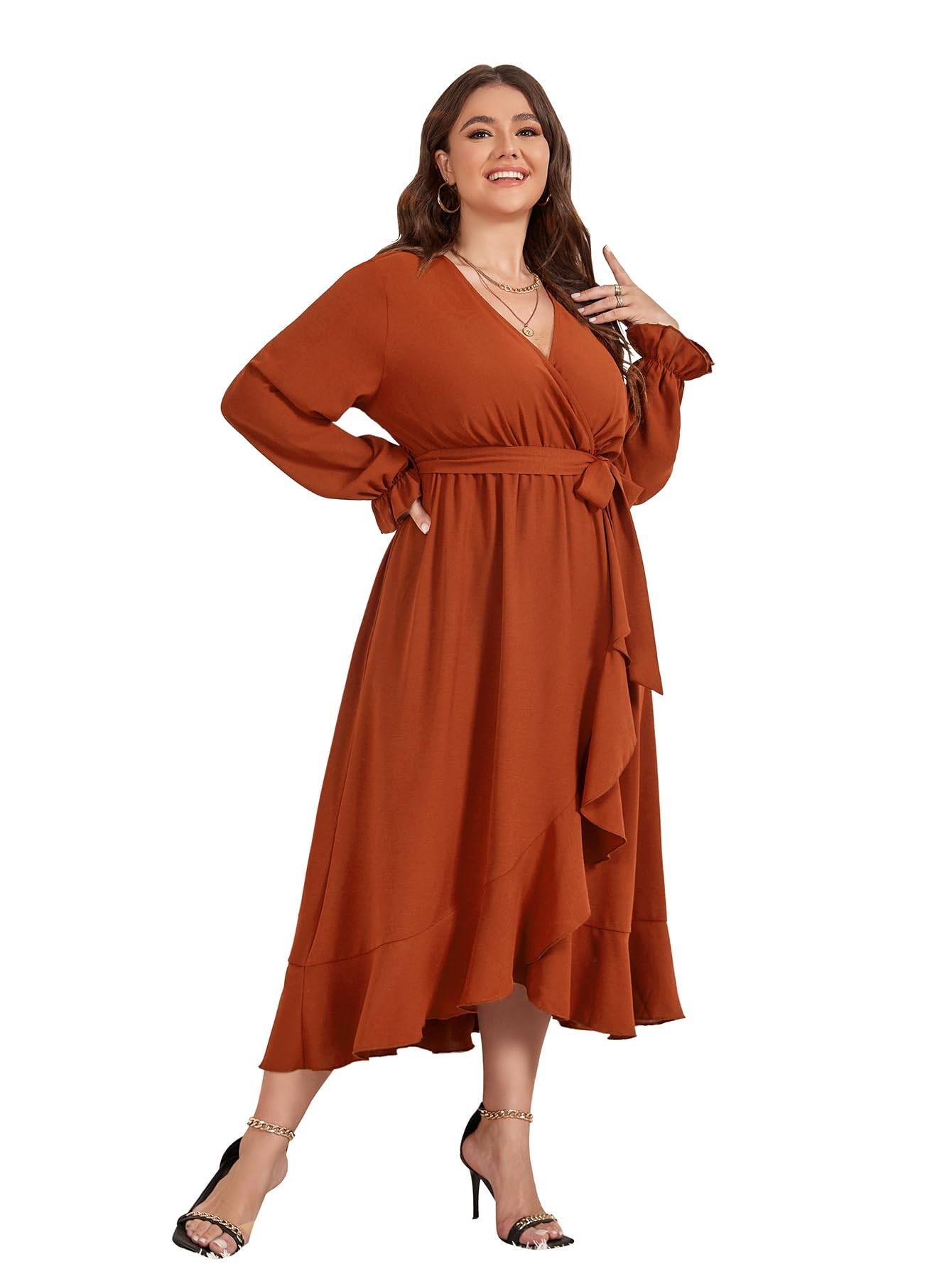 Women Plus Size Maxi Dress Wrap V Neck Dress