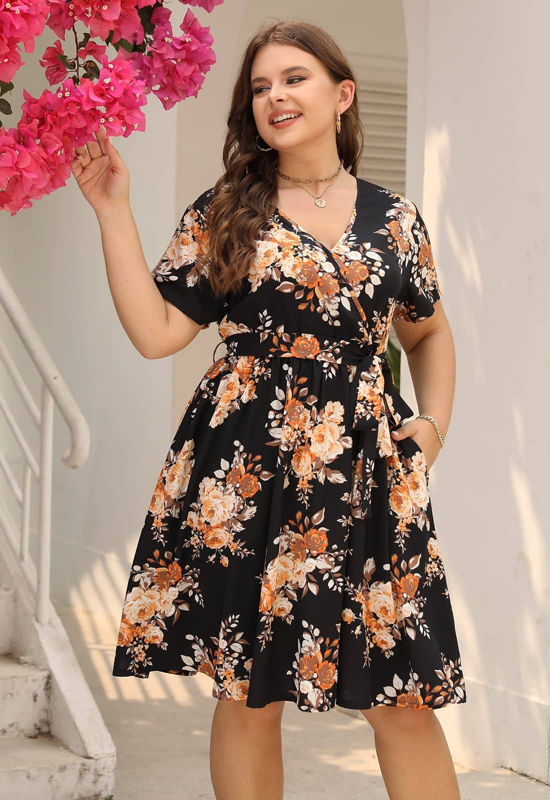 Womens Plus Size Boho Wrap Dress Floral Print