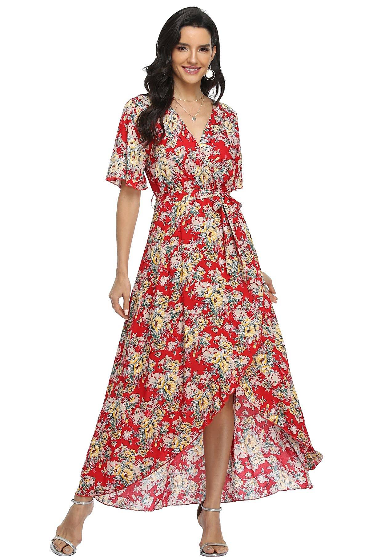 Women's Wrap V Neck Floral Summer Dresses Maxi