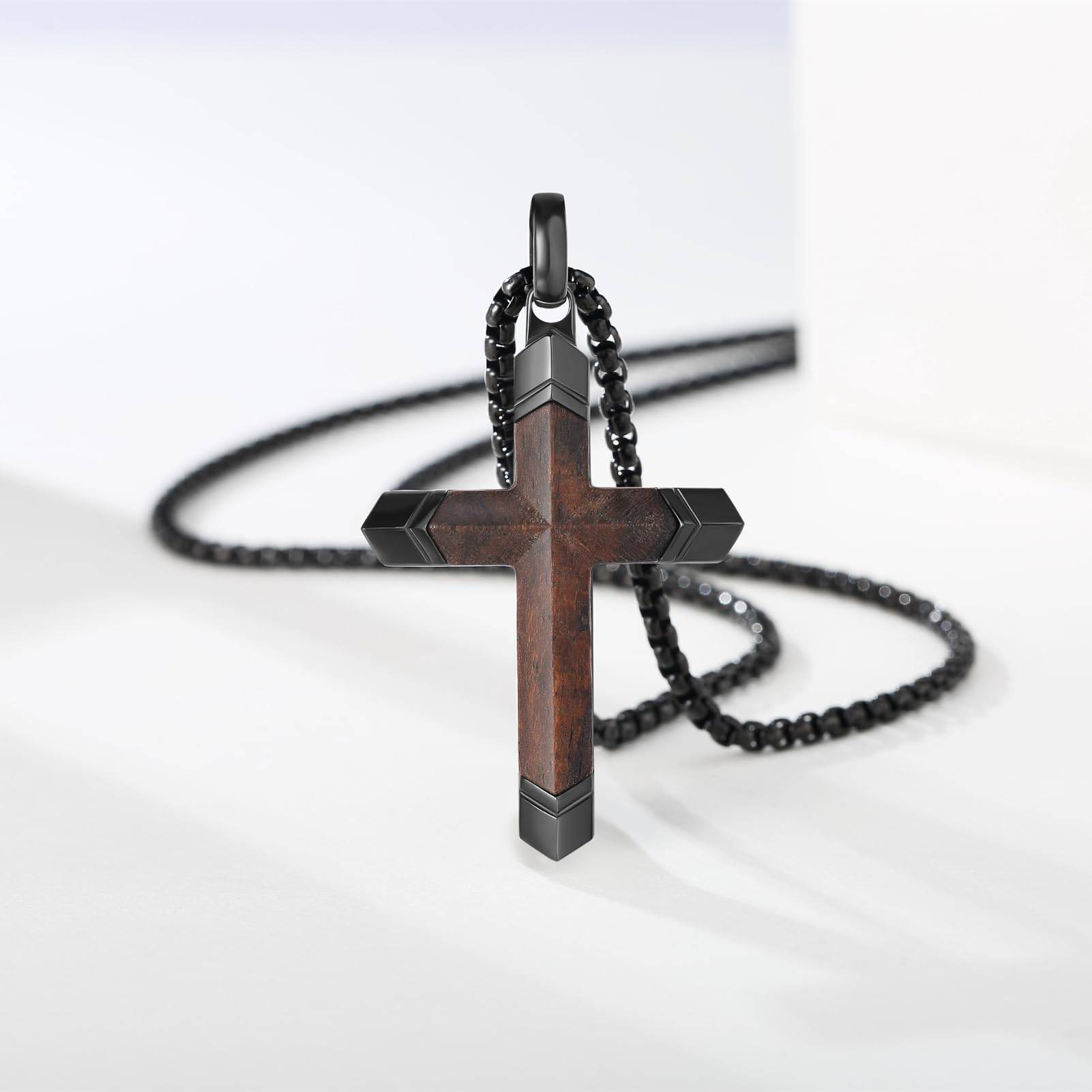 Wooden Cross Necklace for Men, Black Stainless Steel Christian Wood Crucifix Pendant for Boys, Free Necklace 24" Box Chain