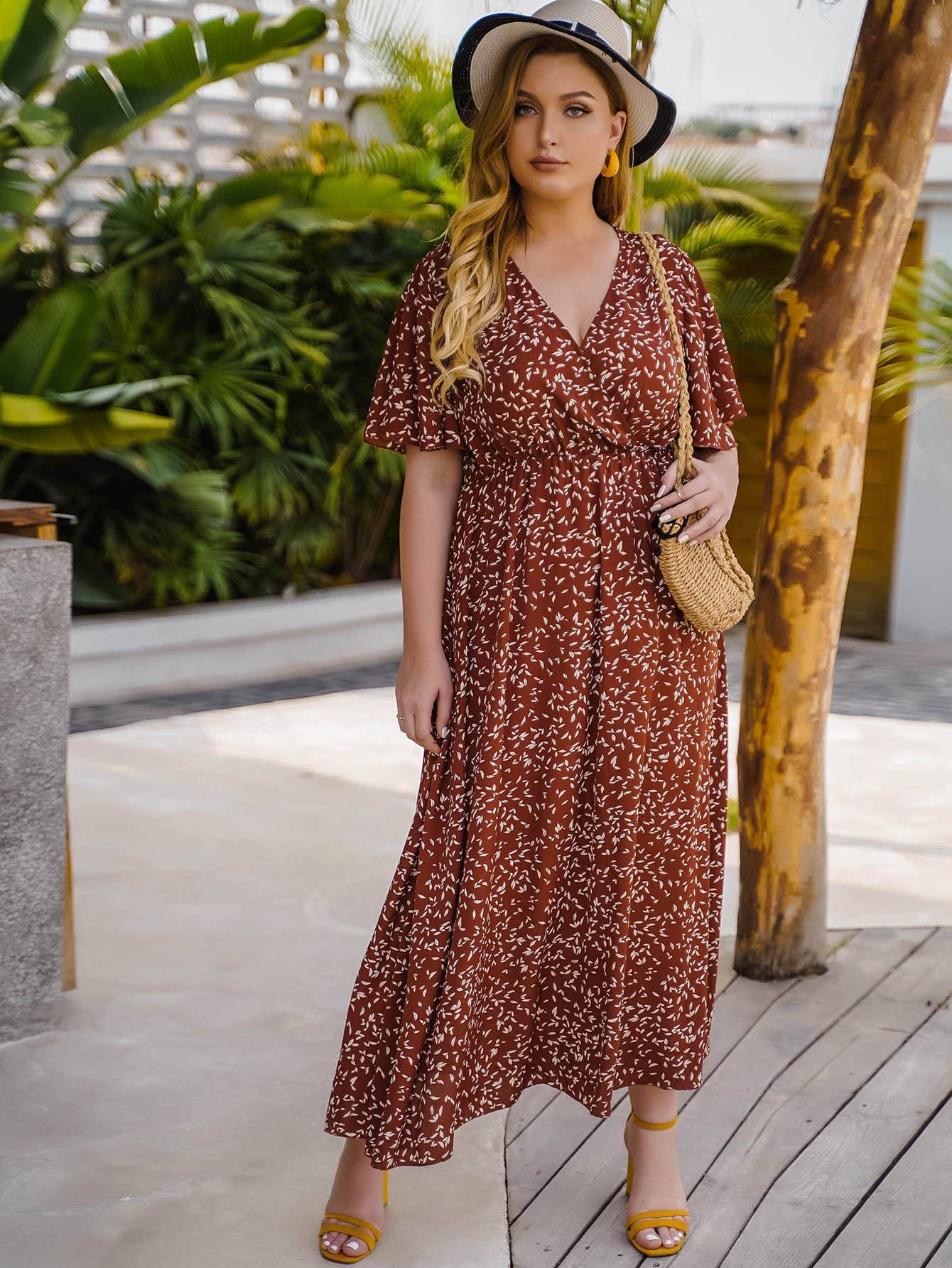 Women's Plus Size Boho Floral V Neck A Line Dress