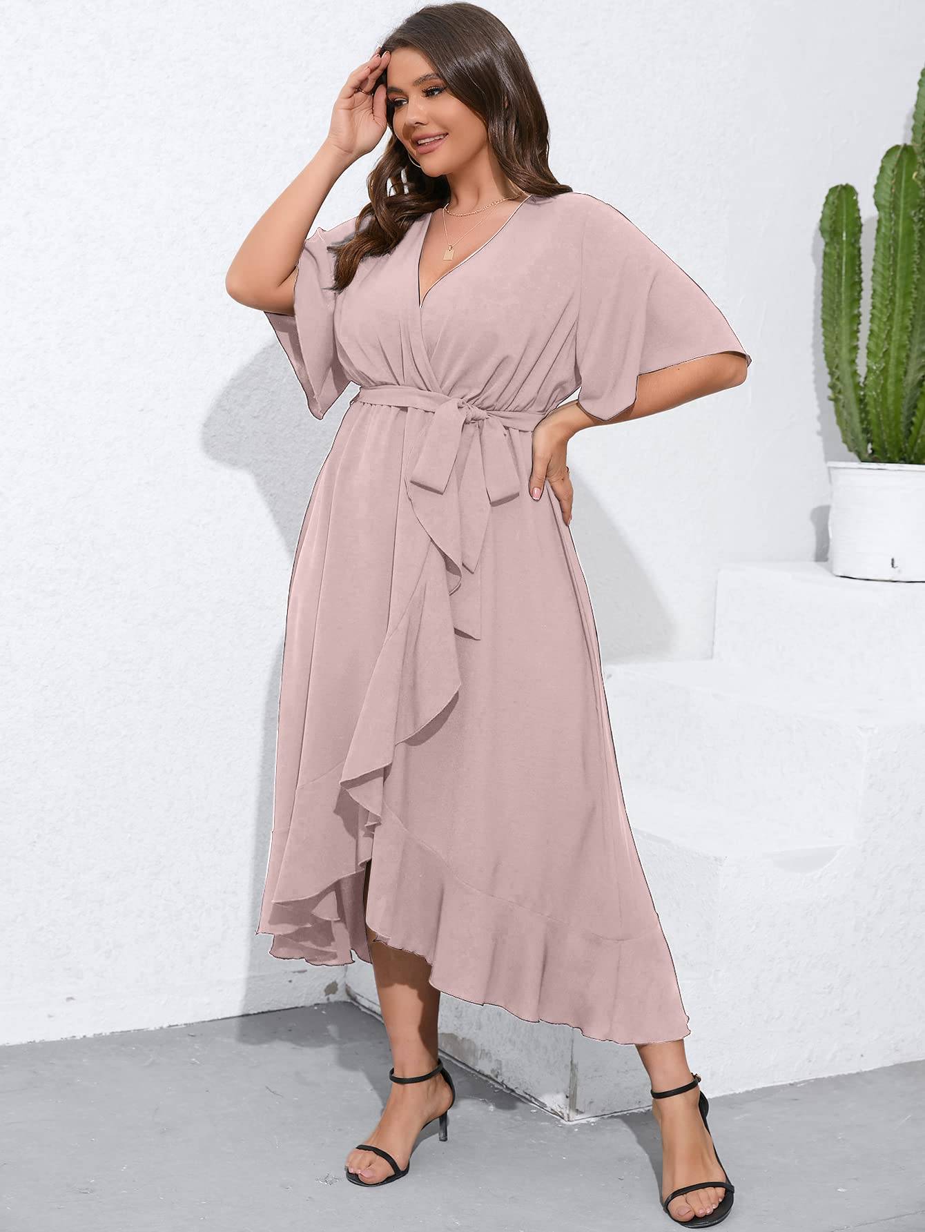 Women Plus Size Short Sleeve Wrap V Neck Dress