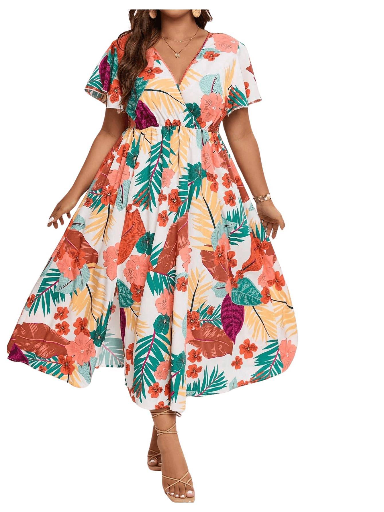 Women's Plus Size Boho Floral V Neck A Line Dress