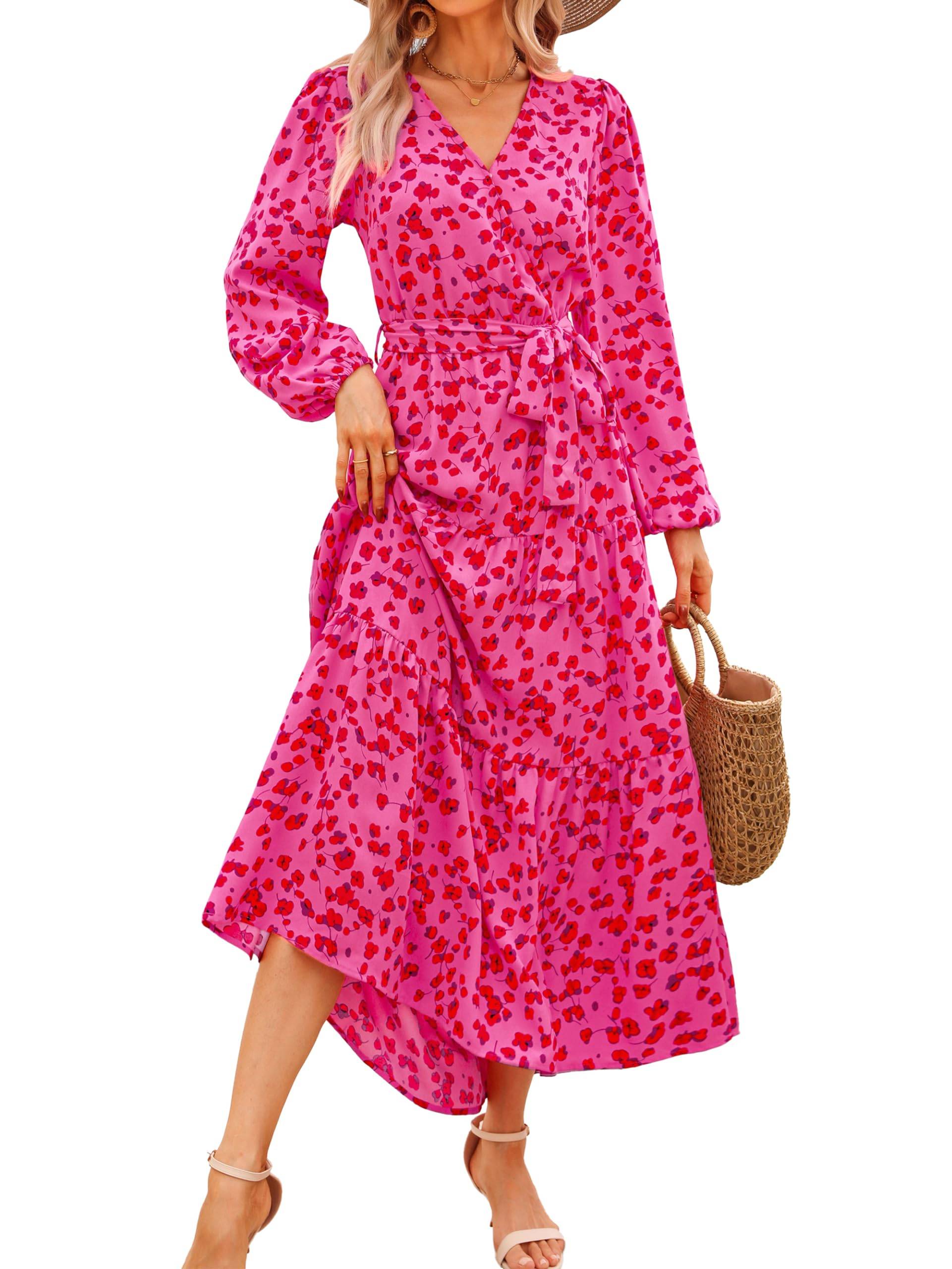 Womens Long Sleeve V Neck Floral Maxi Dress Boho