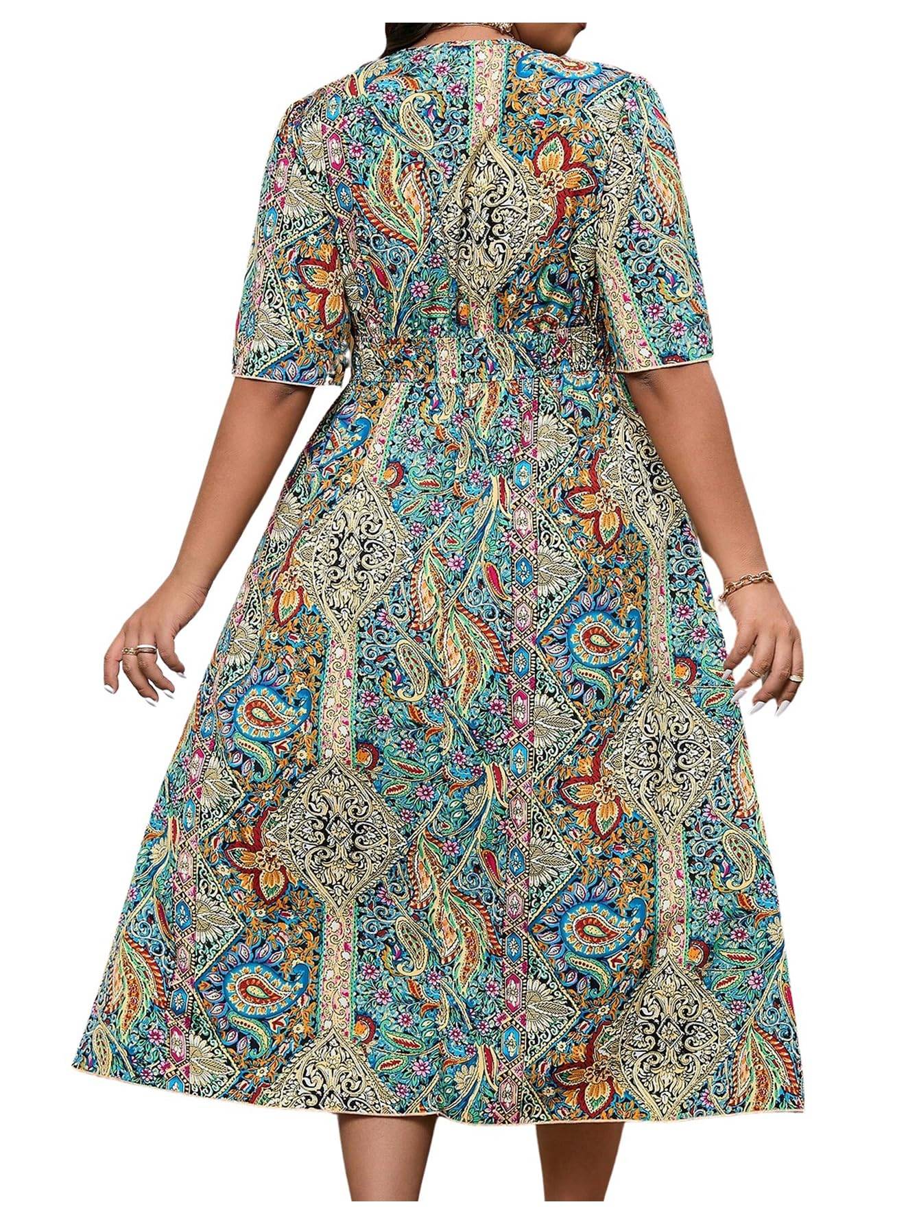 Women's Plus Size Boho Floral V Neck A Line Dress